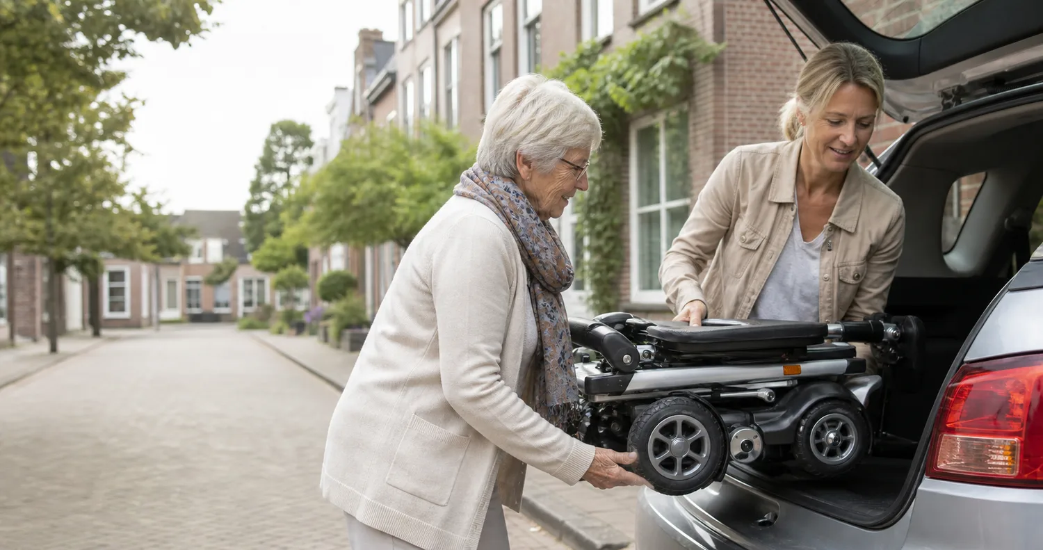 Opvouwbare scootmobiel wordt rustig in een auto geladen
