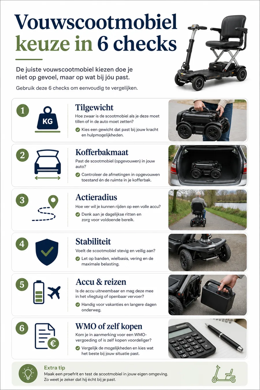Infographic met zes checks voor het kiezen van een vouwscootmobiel